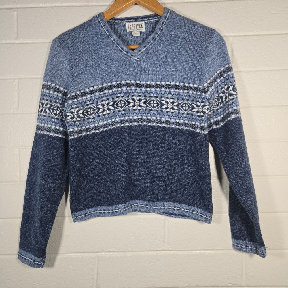 Vtg Lipstick D'Amore Sweater Medium‎ Blue Fair Isle USA Cabin Spring Granny